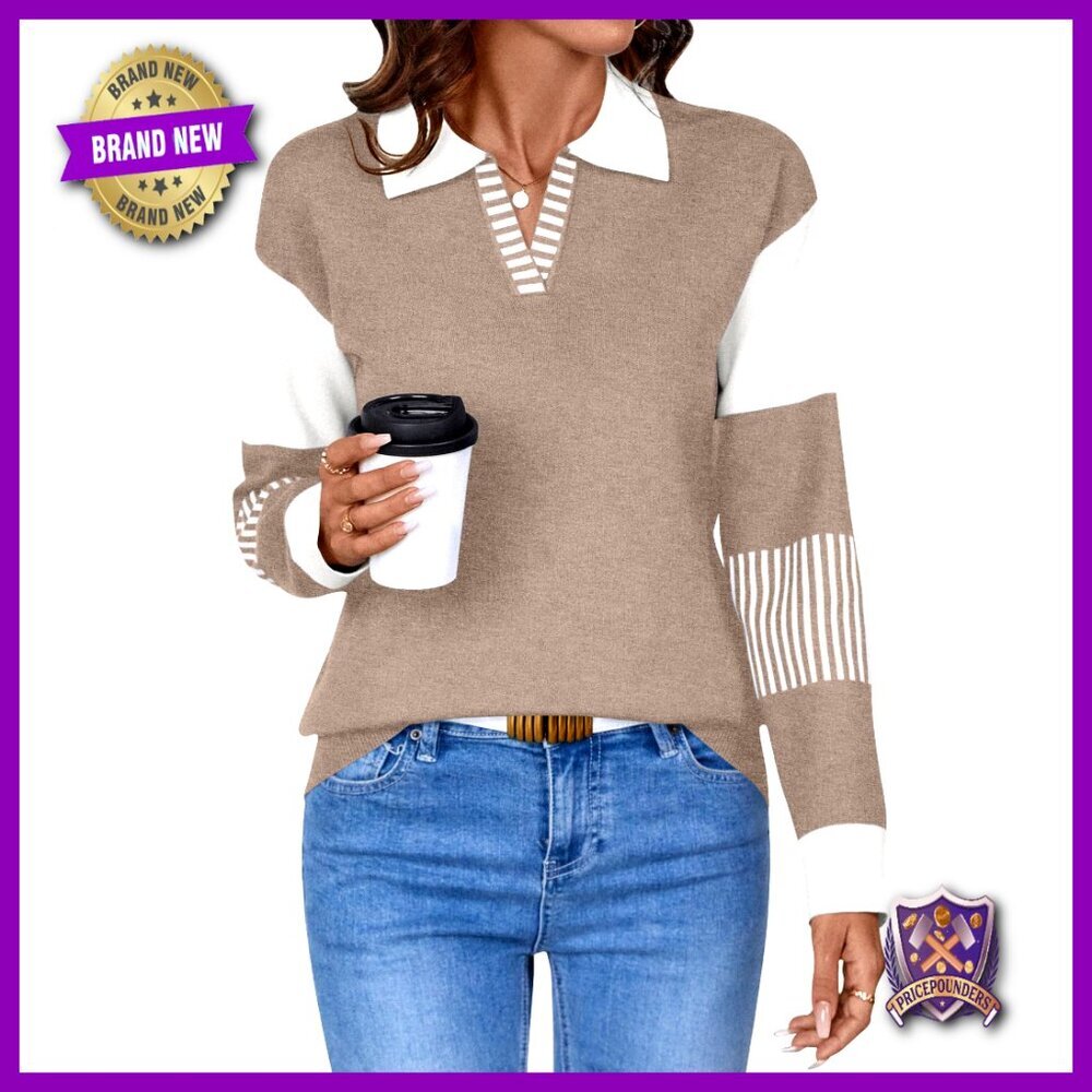 Long Sleeve V-Neck Pullover Sweater Loose Fit Striped Knit Top